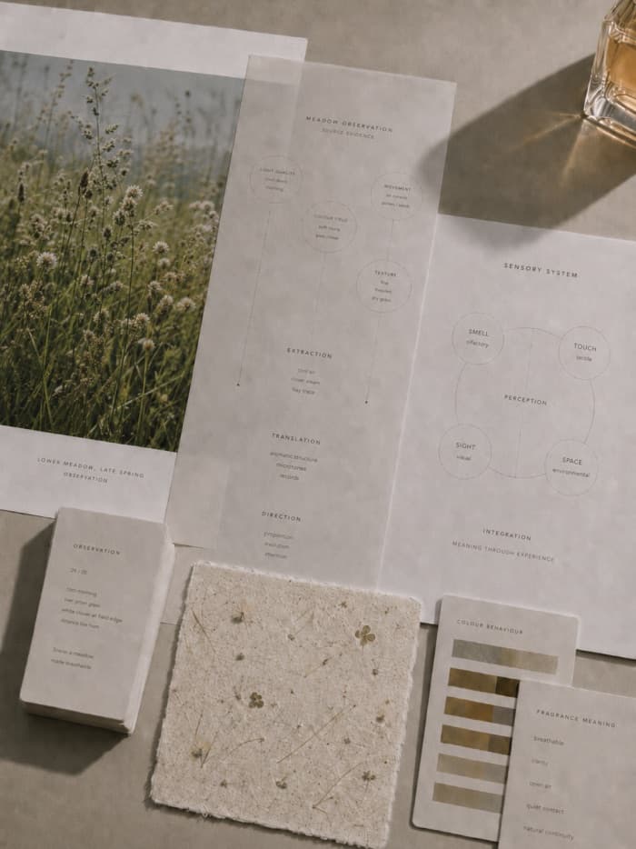 Printed observation notes, sensory system diagrams and colour cards laid out with botanical paper