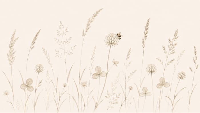 Sepia line drawing of meadow grasses and clover, a bee resting on one seed head